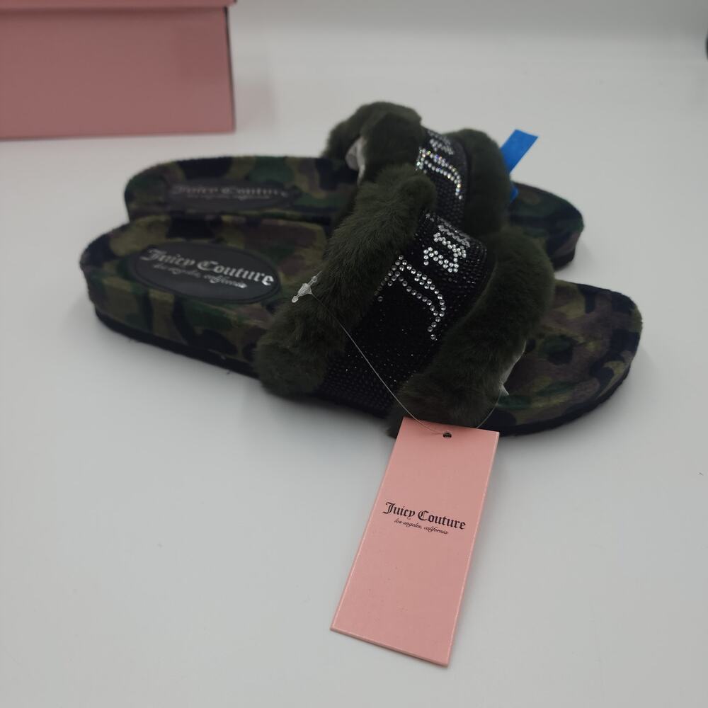 Juicy Couture Slide Slippers Faux Fur JC Siren Green Camo Size 8 - Picture 2 of 9